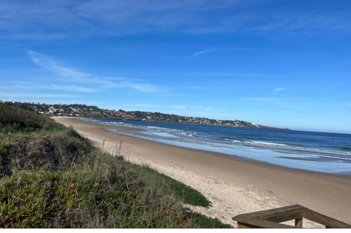 A sweeping view of a sandy beach is complemented by gentle waves lapping at the shore. Green vegetation borders the beach, leading to a clear blue sky scattered with light clouds. The distant coastline features residential areas nestled among the landscape.