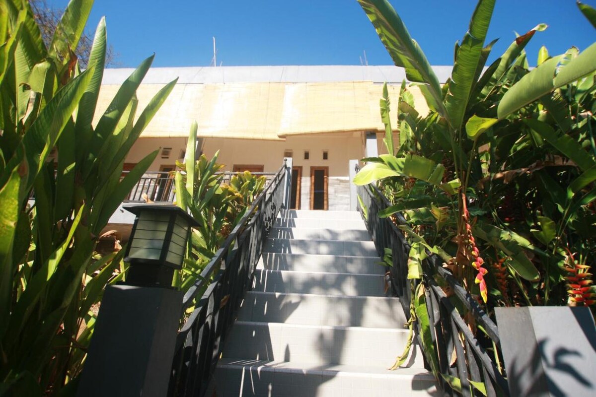A set of stairs leads up to a guesthouse entrance, flanked by lush green plants. The building is partially shaded by a bamboo cover that extends over the outdoor area, creating a welcoming entryway.