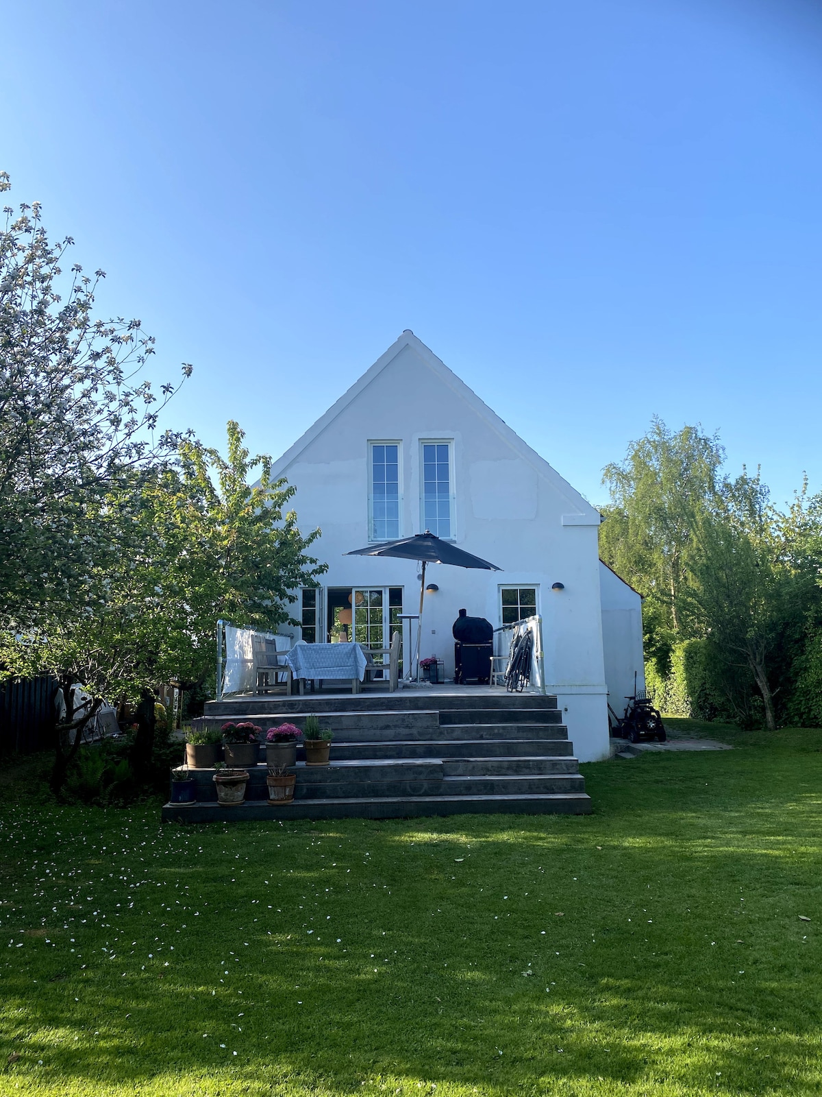 A modern white villa is showcased, featuring a pitched roof and large windows. A set of steps leads to a spacious terrace, where seating arrangements and an umbrella are visible. Lush greenery surrounds the property, complemented by flowering plants in pots.
