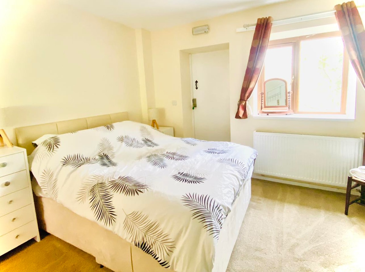 A comfortable bedroom features a spacious bed with a patterned duvet cover. Natural light enters through a window with curtains. A small chair and a dresser are positioned nearby, while soft carpet covers the floor.