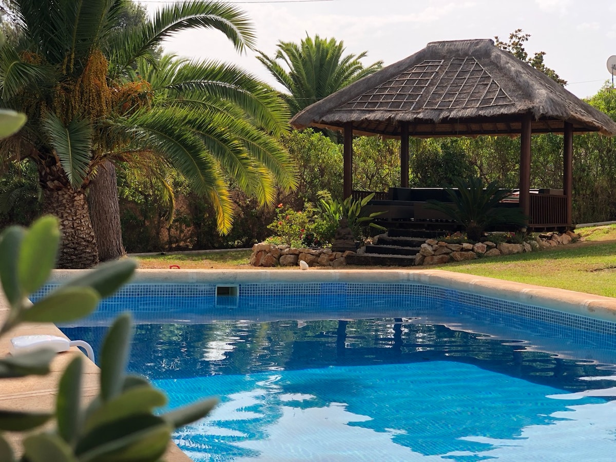 The image presents a private pool surrounded by lush greenery. A thatched-roof gazebo is positioned nearby, offering shaded seating. Palm trees and various plants contribute to a serene outdoor setting, enhancing the area for relaxation and leisurely activities.