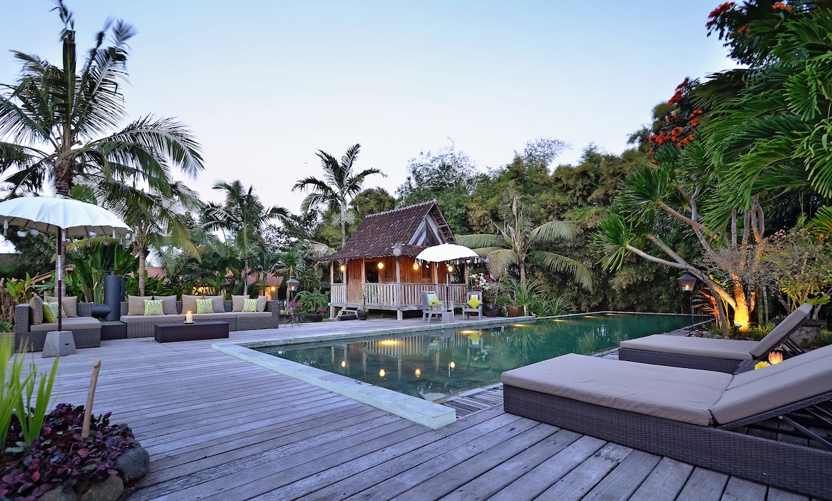 A tranquil outdoor space features a serene swimming pool surrounded by wooden decking. Lounge chairs are arranged beside the pool, and umbrellas provide shade. Lush greenery and tropical plants create a natural ambiance, while a charming wooden structure adds character to the setting.