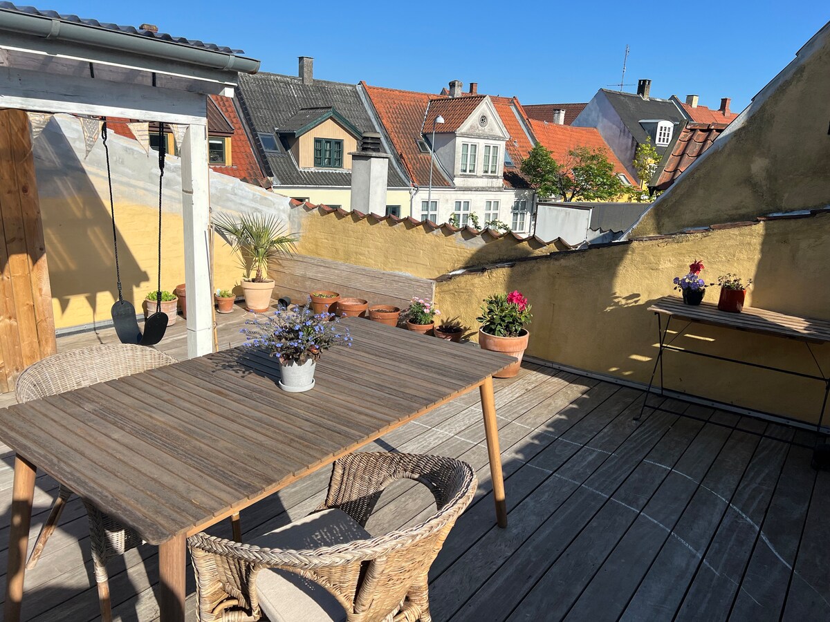 A spacious rooftop terrace features a wooden table surrounded by woven chairs. Flower pots with vibrant plants are arranged along the edges, complementing the views of neighboring rooftops and a clear blue sky.