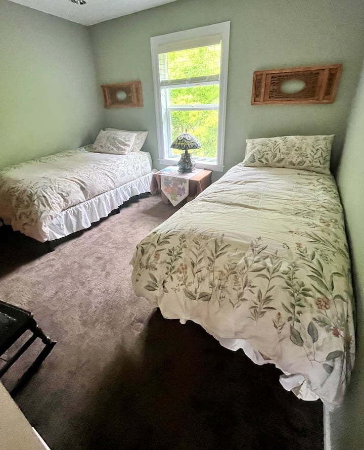 חדר האורחים הבוטני הזה מכניס את הטבע פנימה. שתי המיטות הן קצף זיכרון וחדשות לגמרי. חלומות מתוקים. 