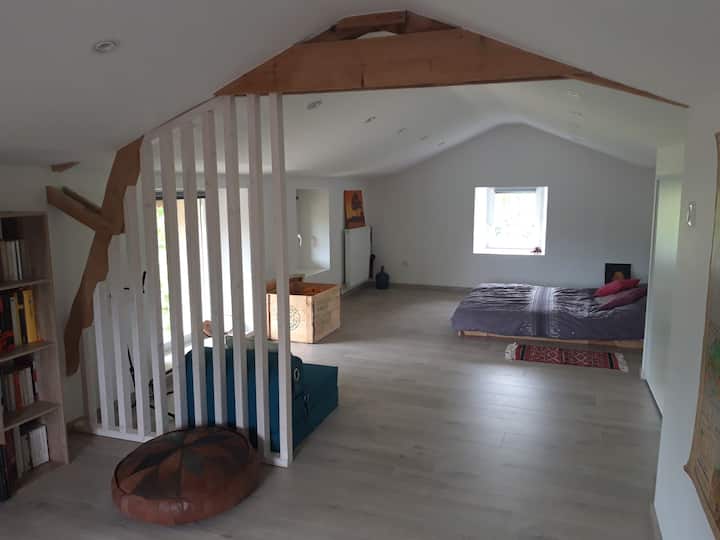 Grote slaapkamer onder de daken met tweepersoons futonbed 140X190