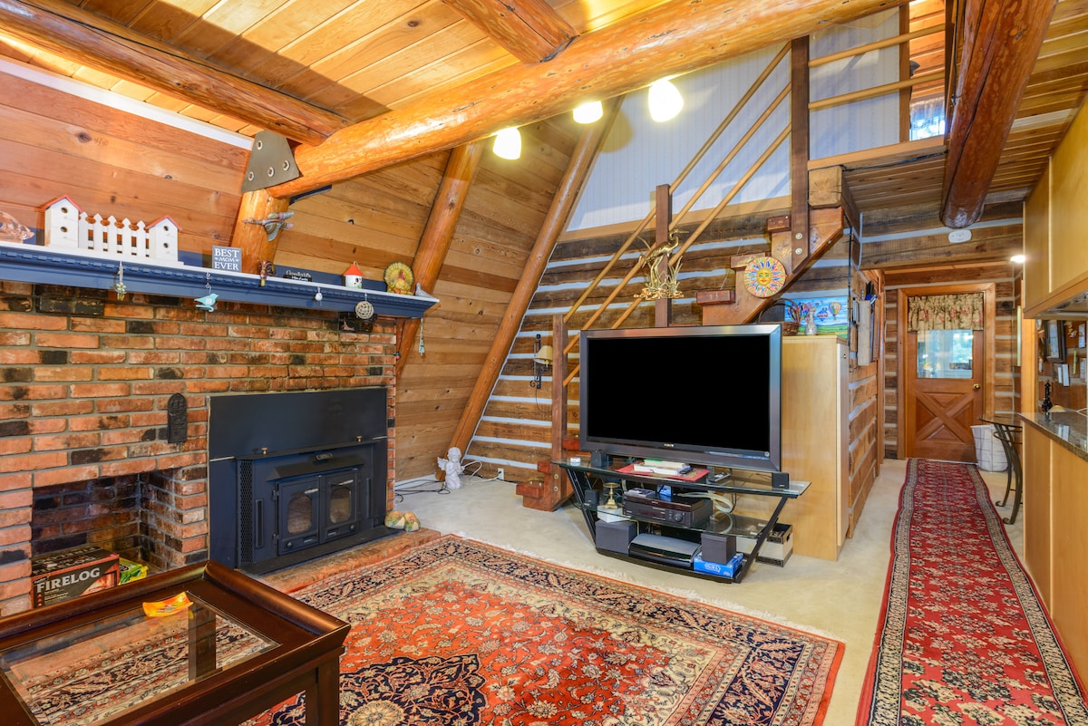 An inviting living area features a rustic wooden design with exposed beams and brick accents. A cozy wood-burning stove is positioned next to a flat-screen TV on a modern stand. A vibrant area rug adds warmth to the space, which is illuminated by pendant lighting.