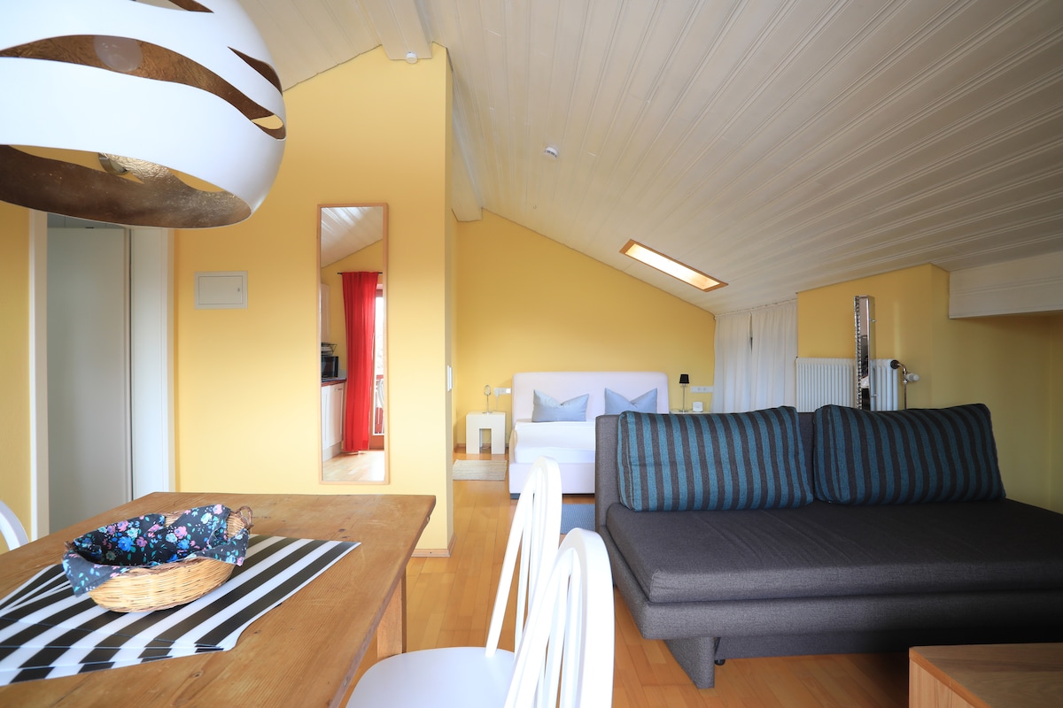 A bright living space features a cozy seating area with a dark sofa adorned with striped cushions. A wooden dining table sits nearby, complemented by white chairs. Natural light fills the room through a skylight, illuminating the yellow walls and enhancing the open atmosphere.
