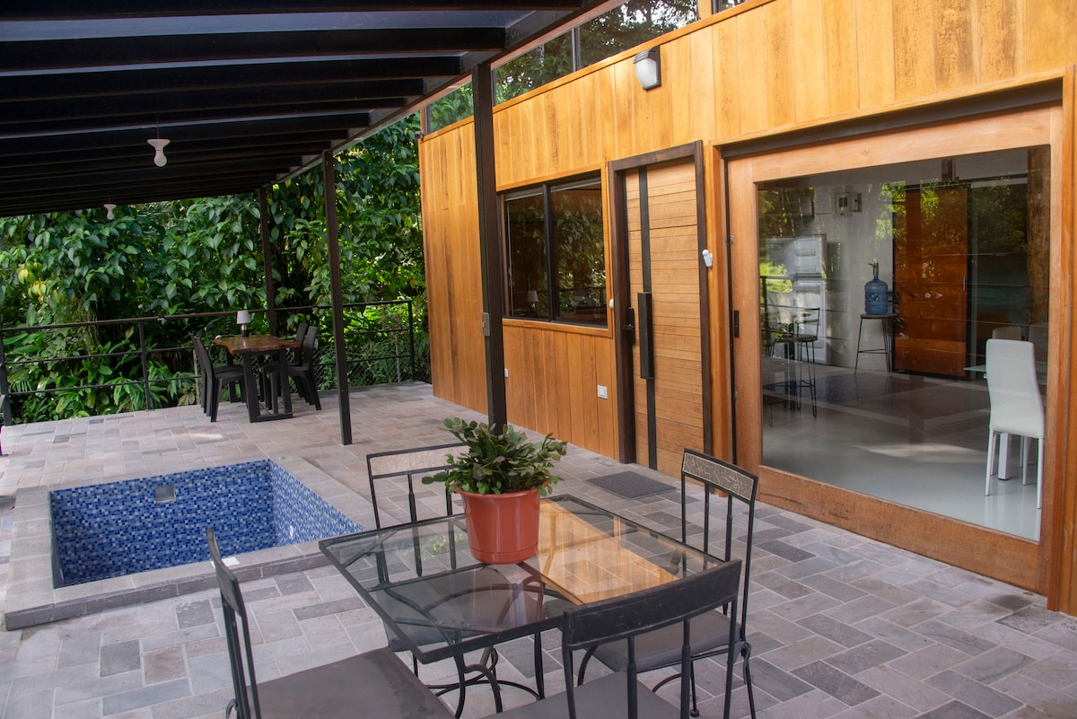 A modern outdoor space features a small jacuzzi and a dining table surrounded by chairs, set on a stone patio. Floor-to-ceiling glass doors provide a view of the interior, while lush greenery forms a natural backdrop.