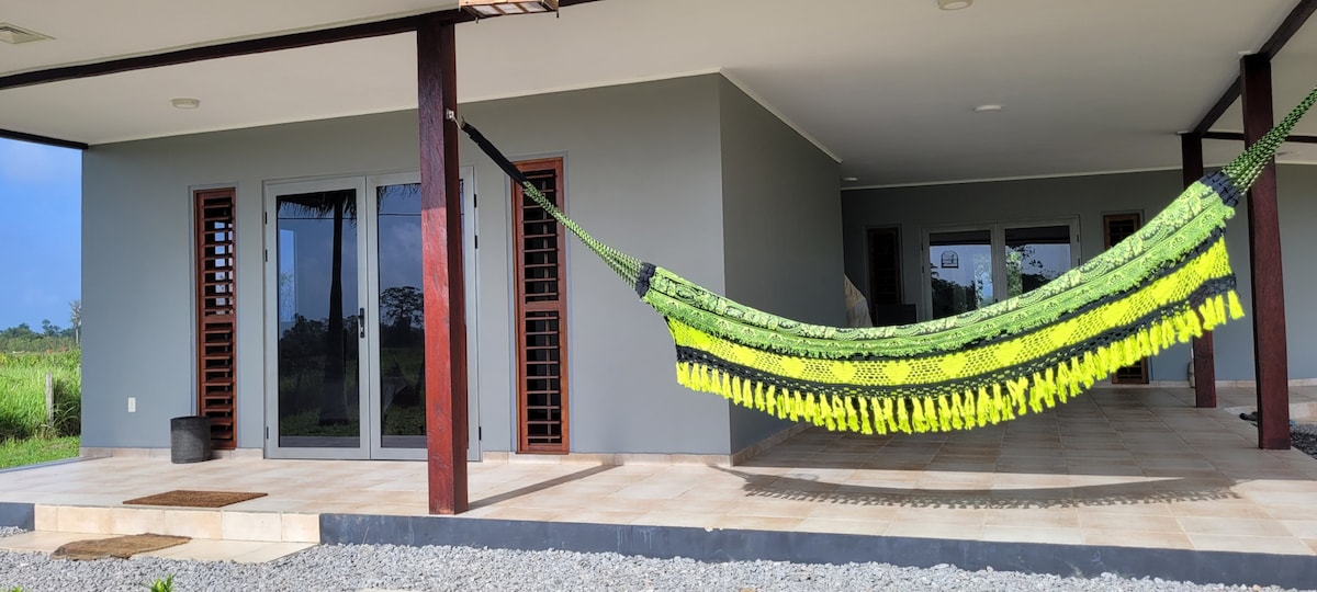 A spacious terrace is visible, featuring a colorful hammock suspended between sturdy posts. Large glass doors lead into the interior space, surrounded by a stony pathway and landscaped greenery, creating a harmonious outdoor area for relaxation.