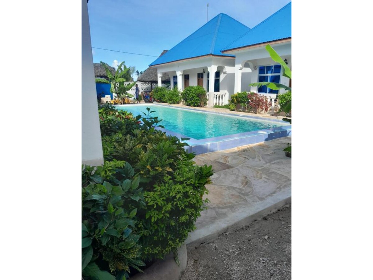 An outdoor swimming pool is framed by a stone patio and lush green plants. The clear water reflects the blue hues of the sky and adjacent rooftops. The pool area is surrounded by modern architecture, contributing to a serene atmosphere.