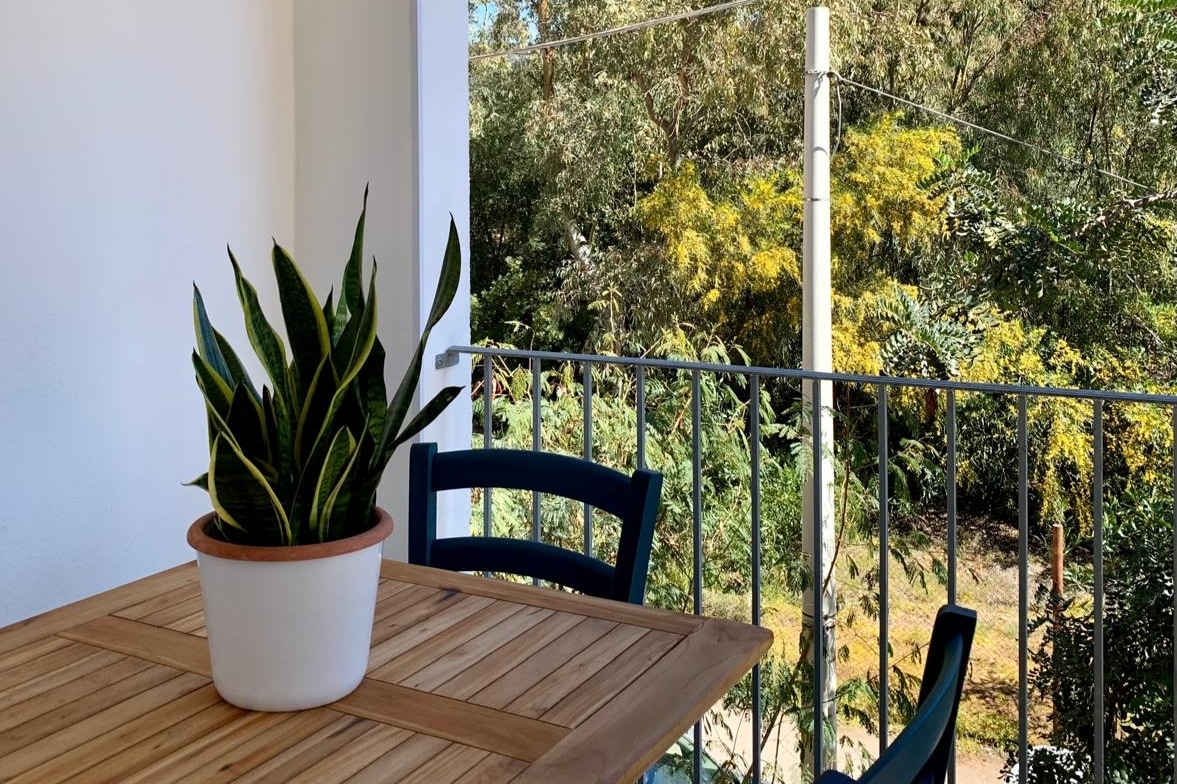 A wooden table with blue chairs is positioned on a balcony, providing a view of lush greenery. A potted plant sits at the center of the table, while the railing allows for an unobstructed sight of the surrounding trees.