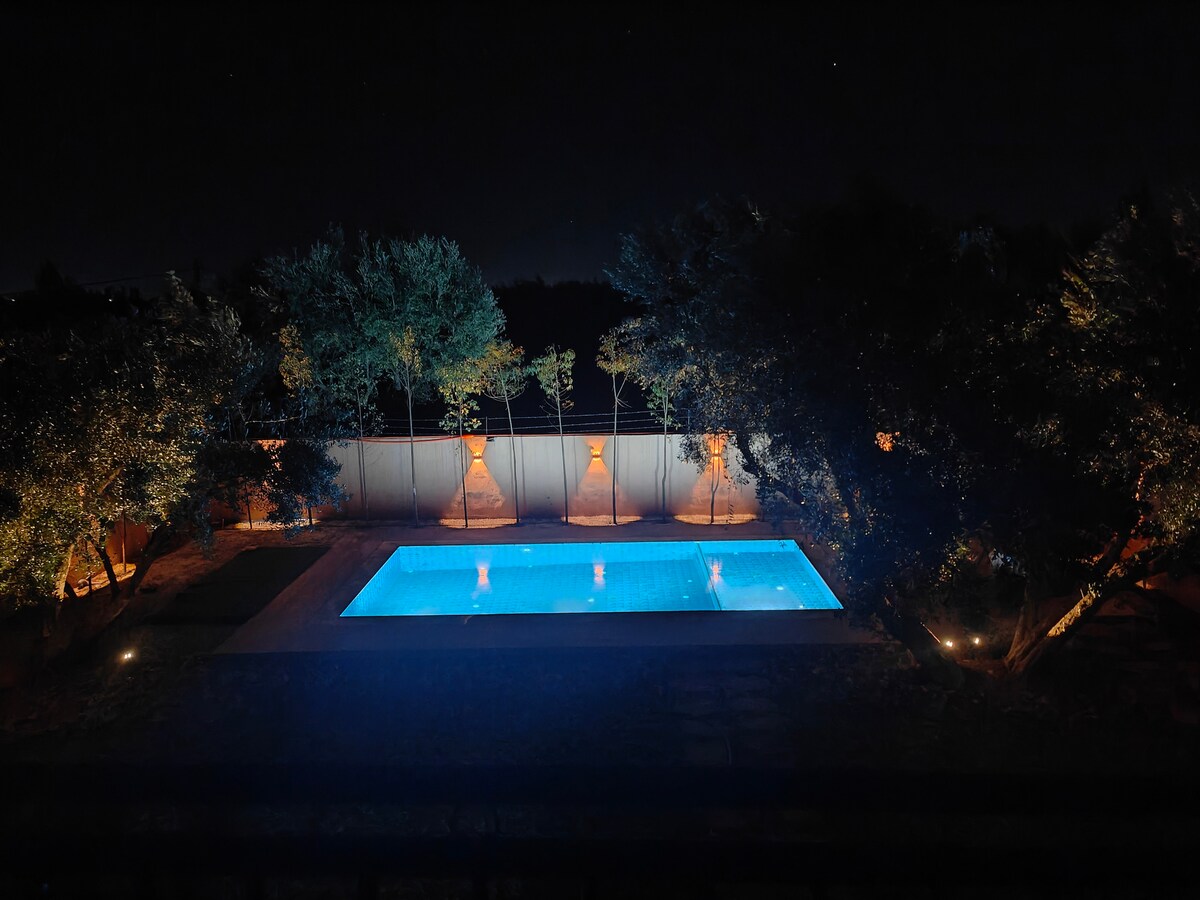 An expansive outdoor pool is illuminated with soft blue lighting, surrounded by lush greenery and illuminated trees. The area is tranquil, with a serene atmosphere enhanced by the night sky.
