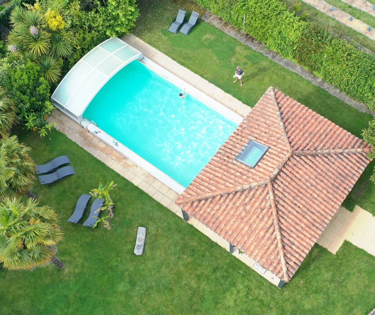 An aerial view showcases a well-maintained salt-water pool surrounded by lush greenery. A covered area sits nearby, along with several sun loungers arranged on the grass. The spacious yard offers ample room for relaxation and enjoyment.