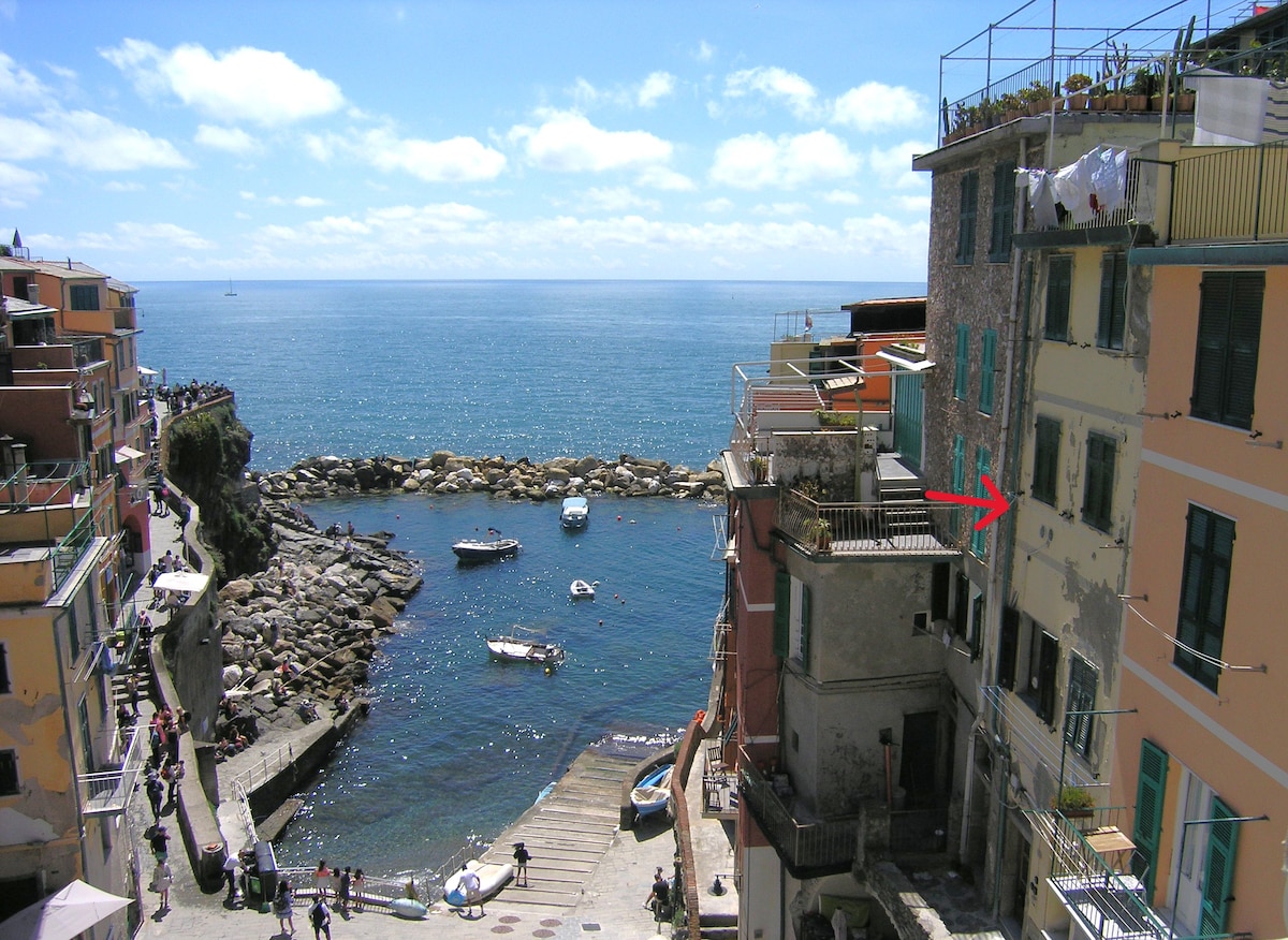 A coastal view showcases a serene harbor with small boats anchored in calm waters. Colorful buildings line the waterfront, while rocky shores frame the scene. The sky is bright with scattered clouds, enhancing the landscape's natural beauty.