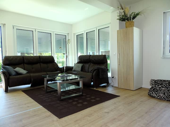 dnevni boravak ispunjen svjetlošću s kožnim kaučem