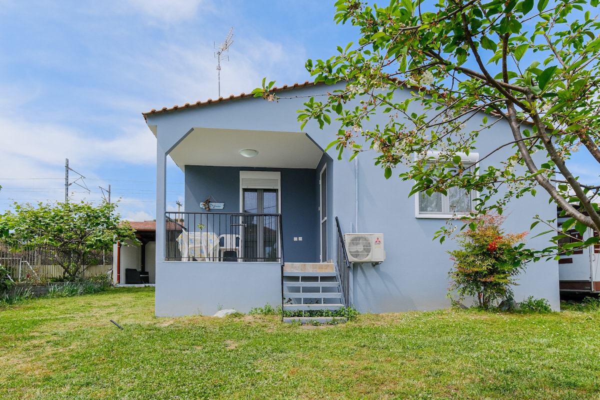 A light blue exterior of a single-story home is complemented by a small front porch. Steps lead up to the entrance, with a railing ensuring safety. The yard is grassy, surrounded by trees and shrubs, and an air conditioning unit is mounted on the side.