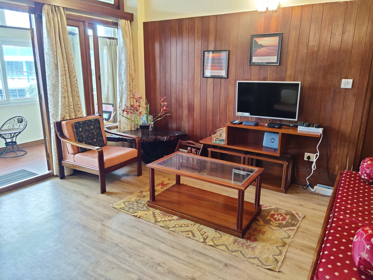 A warm living area features wooden paneling and large windows. Comfortable seating is provided by a striped chair and a vibrant sofa. A glass coffee table sits atop a colorful rug, while a television is placed on a wooden stand, adding functionality to the space.