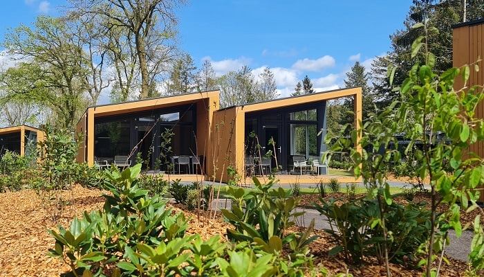 Modern accommodations are surrounded by lush greenery, with distinct wooden façades featuring large glass windows. Outdoor seating is arranged on a pathway bordered by carefully tended shrubs and plants. The bright sky adds a refreshing ambience to the setting.