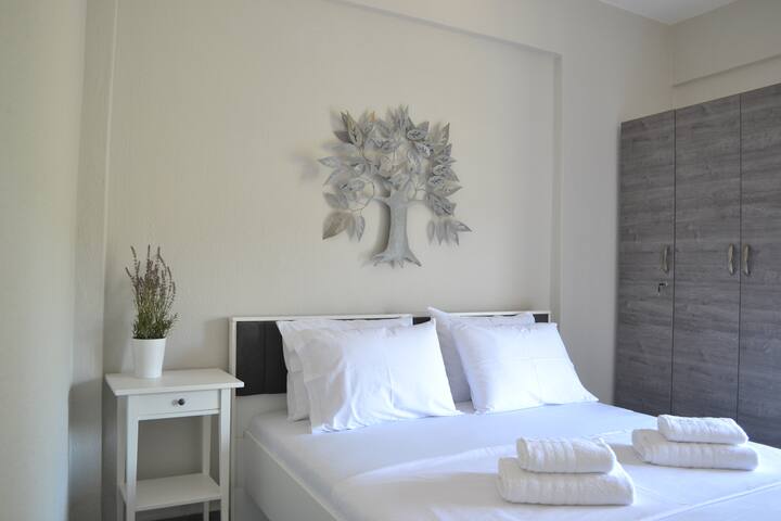 Chumba cha kulala kilicho na kitanda cha watu wawili kilicho na kabati la nguo mbili. Ina roshani nzuri.