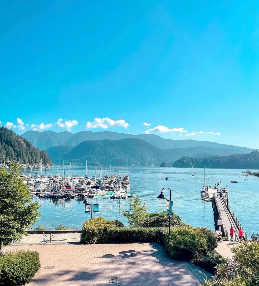 A panoramic view of a marina is visible, with numerous boats anchored in calm waters. Surrounding mountains create a striking backdrop under a clear blue sky. Lush greenery and a pathway are seen in the foreground, leading towards a wooden pier extending into the water.