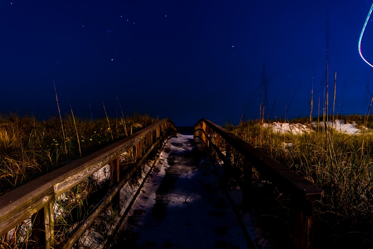 A wooden boardwalk leads through tall grass towards the beach under a night sky filled with stars. The path is illuminated gently, guiding the way to the sandy shore, presenting a serene transition from land to sea.