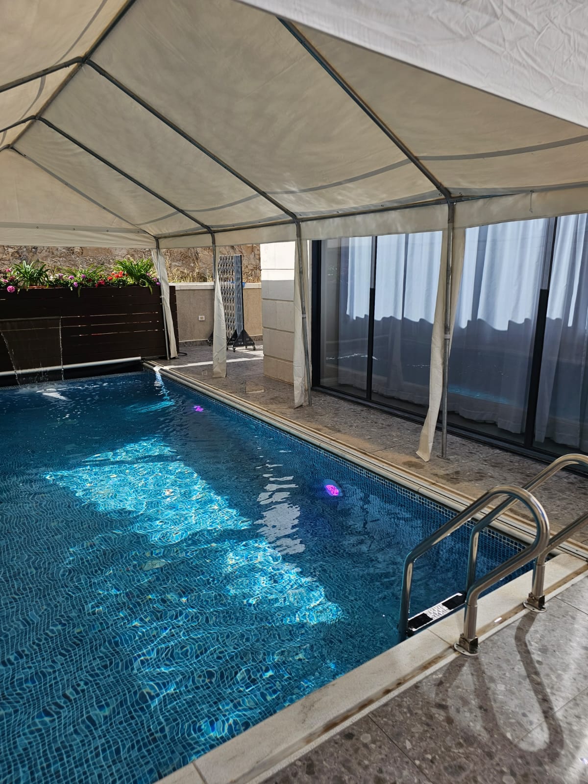 A private pool area is sheltered under a spacious canopy, featuring clear blue water and subtle underwater lighting. The surrounding space includes neatly arranged potted plants, and large windows provide ample natural light while maintaining a sense of privacy.