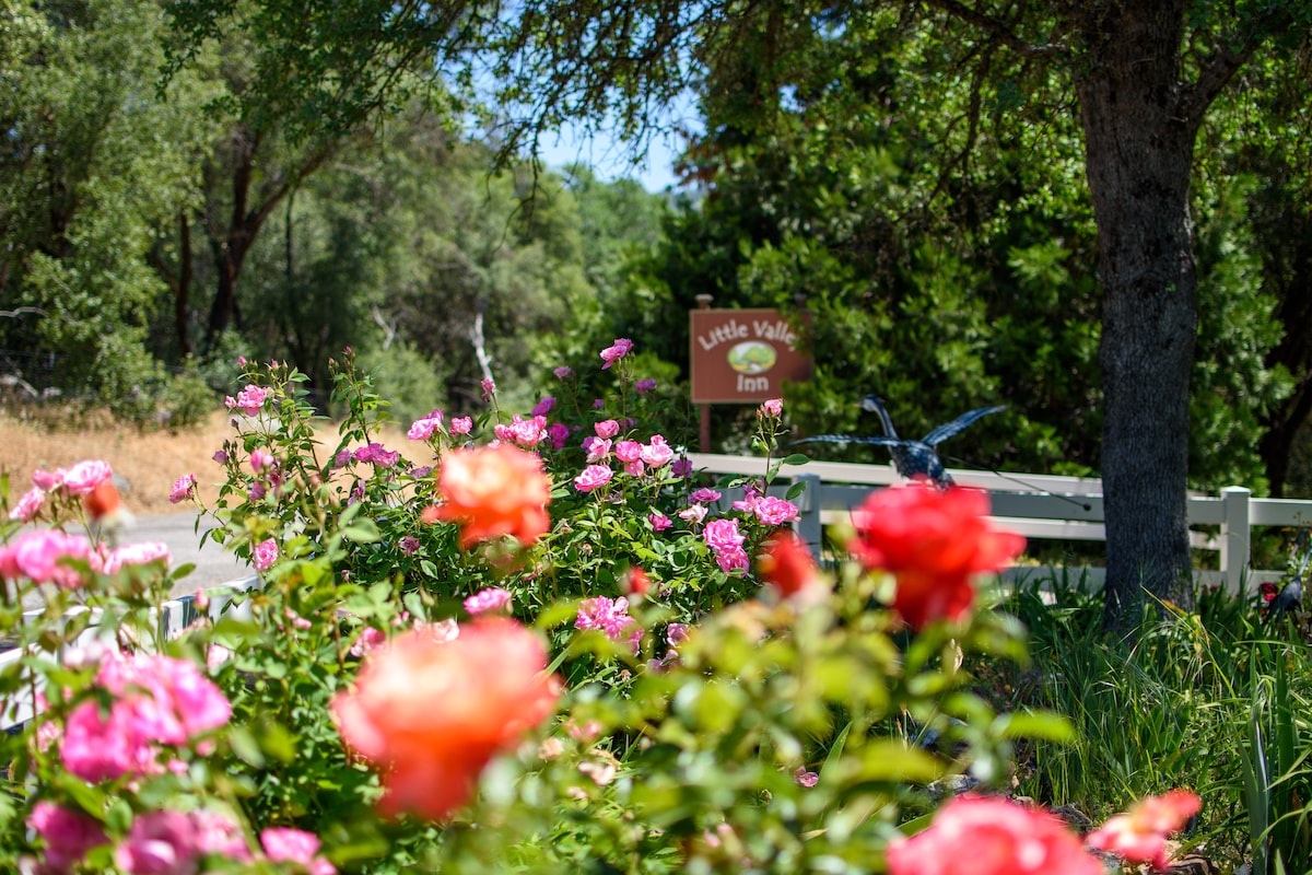 Colorful rose bushes are visible in the foreground, displaying various shades of pink and orange. A sign featuring the name "Little Valley Inn" is positioned nearby, with lush greenery surrounding the area, including trees that provide shade and enhance the natural setting.
