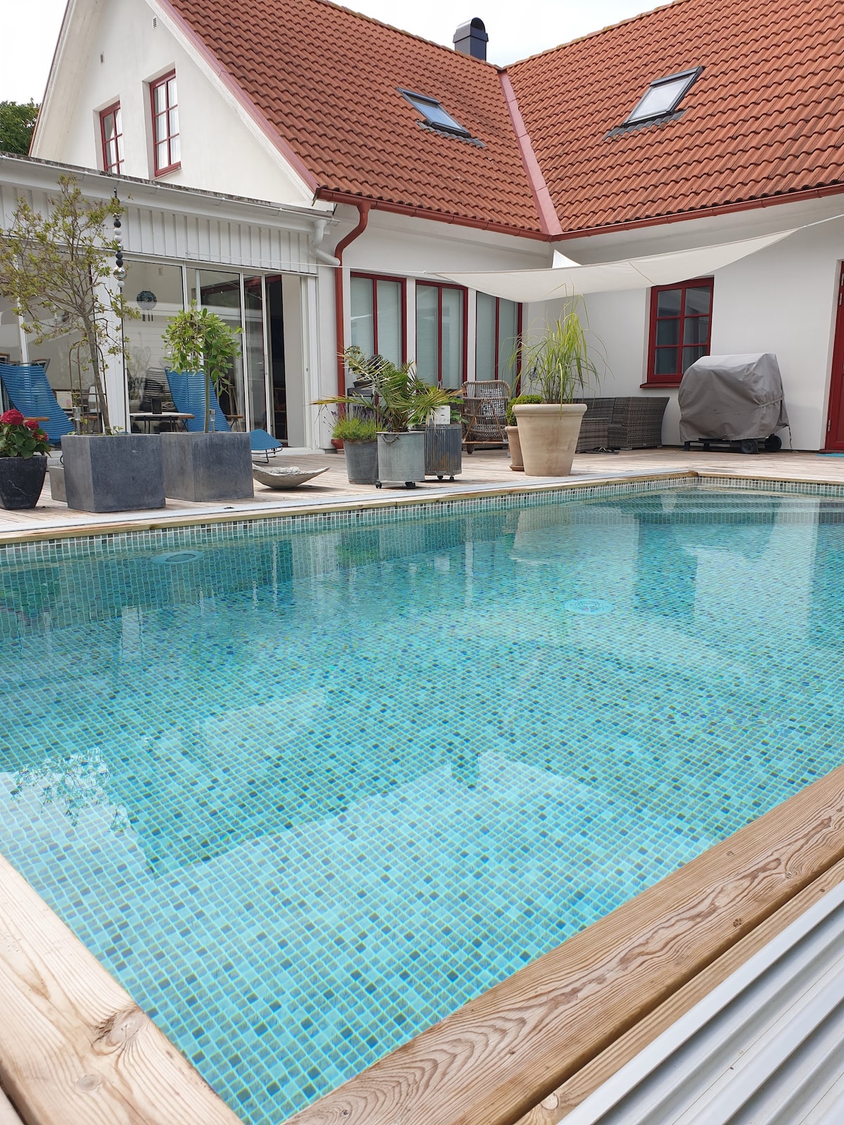A clean, inviting swimming pool is framed by natural wood decking, showcasing a vibrant mosaic tile pattern. Potted plants and outdoor furniture are arranged around the pool area. The spacious house is visible in the background, featuring large windows that enhance the open atmosphere.