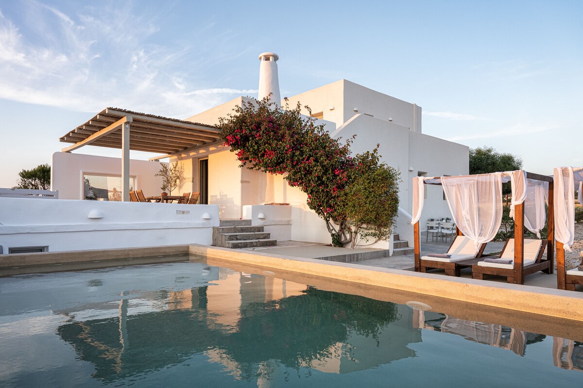 A modern villa is depicted beside a tranquil pool, featuring a covered outdoor seating area with comfortable loungers. The structure is accented by vibrant bougainvillea and offers a blend of shaded and sunny spaces. The sky above is clear, reflecting a warm evening ambiance.