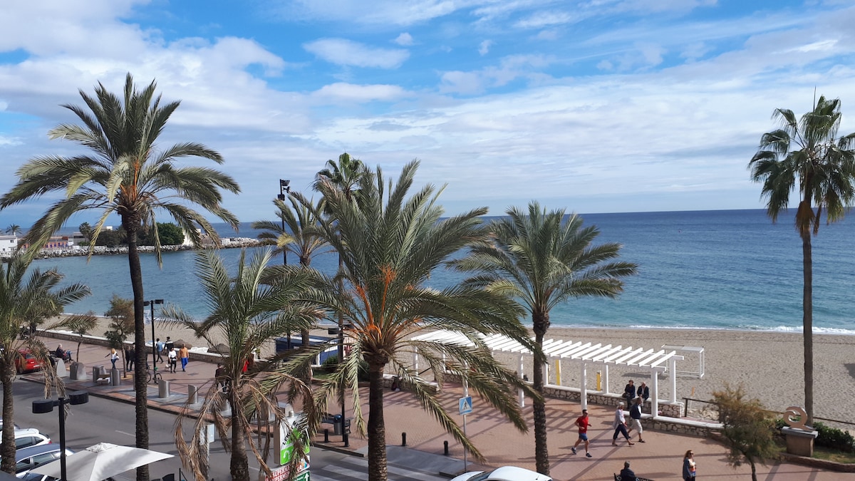 A view of palm trees lining a coastal promenade is captured, with people walking along the beach. The sandy shore leads to calm blue waters, and a clear sky with scattered clouds enhances the scenery. A secluded area with white structures is visible near the beach.