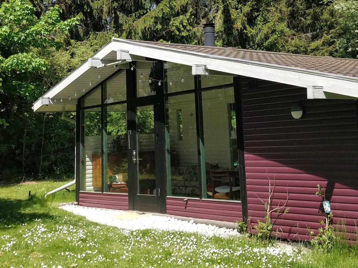 The summer house is set in a serene environment, featuring large windows that invite natural light. The exterior is clad in dark wood with contrasting light trim. A garden area with wildflowers surrounds the house, enhancing the natural setting.