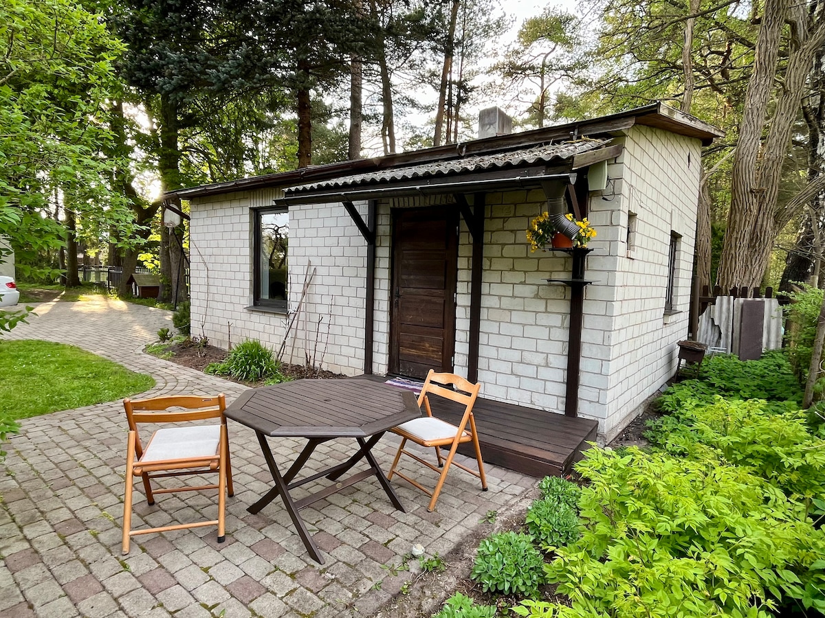 A small summer house is nestled in a lush green environment. The exterior features light-colored brick with large windows and a wooden door. A wooden deck area includes a round table surrounded by two chairs, providing a cozy outdoor seating space.