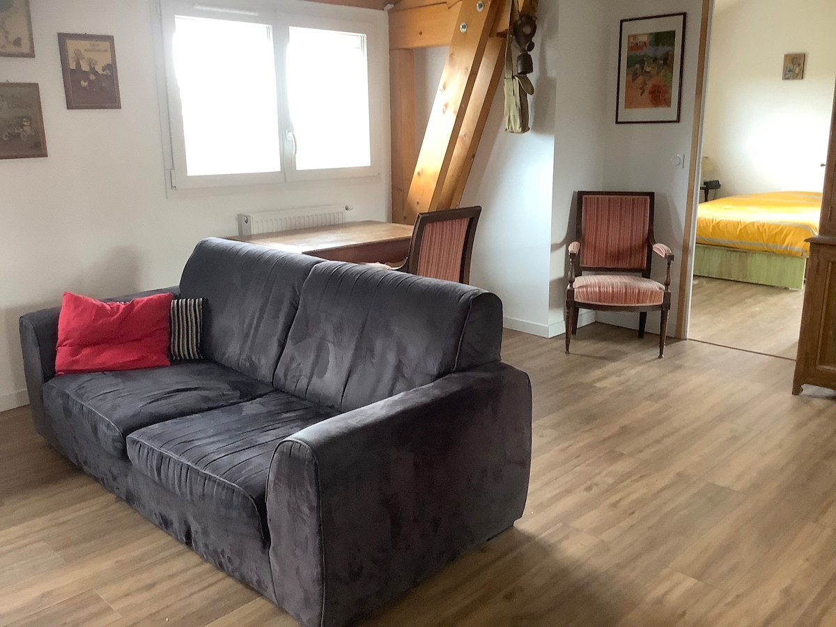 A cozy living area features a dark grey sofa, accented with a red cushion. Nearby, a wooden table sits under large windows providing natural light. A door leads to a bedroom with a bright colored bedspread, promoting a relaxing atmosphere.