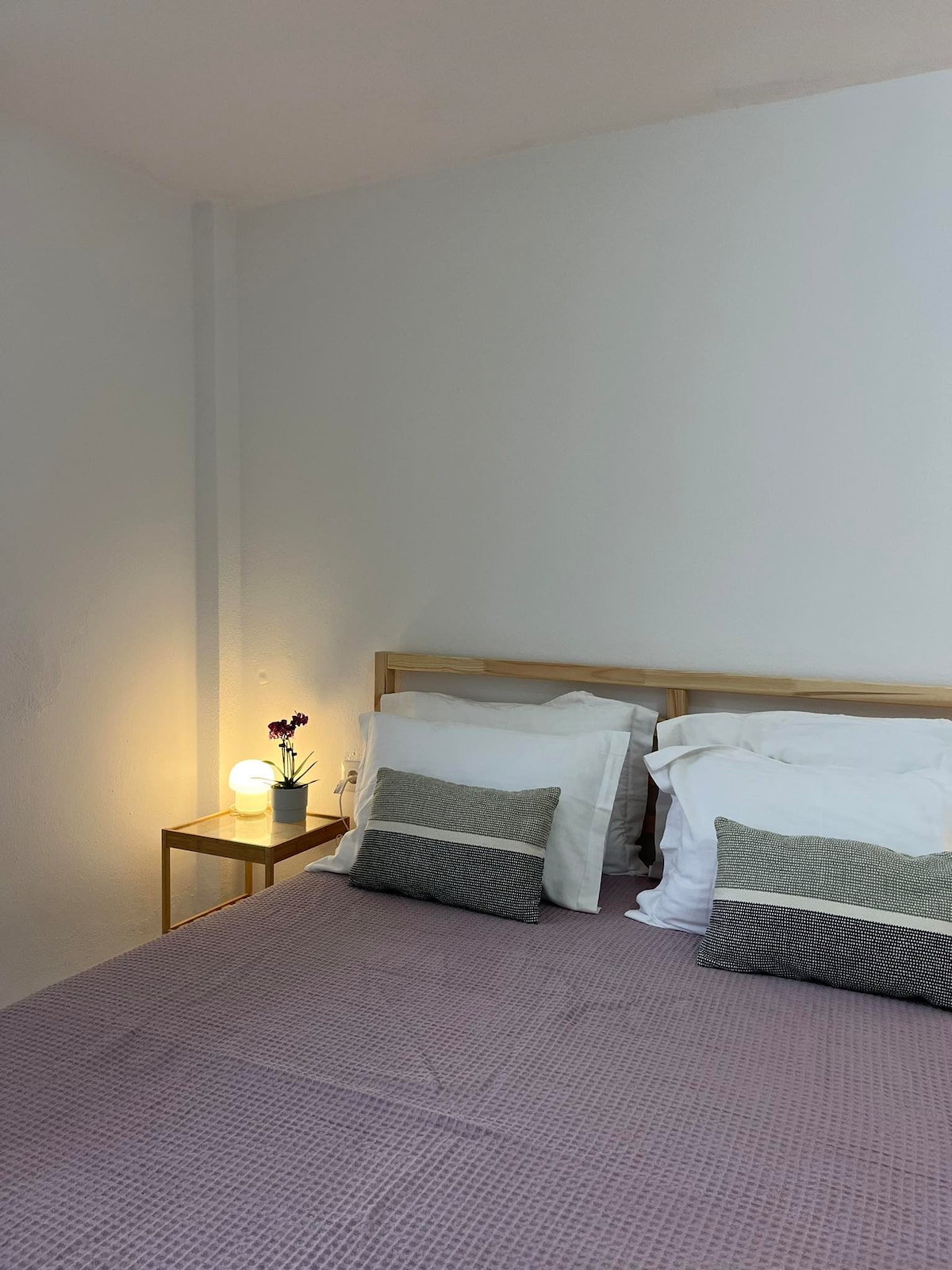 A cozy bedroom features a spacious bed dressed in soft linens, accented by two decorative pillows. A small nightstand holding a lamp and a potted plant provides gentle lighting. The walls are painted in a neutral tone, creating a calm atmosphere.