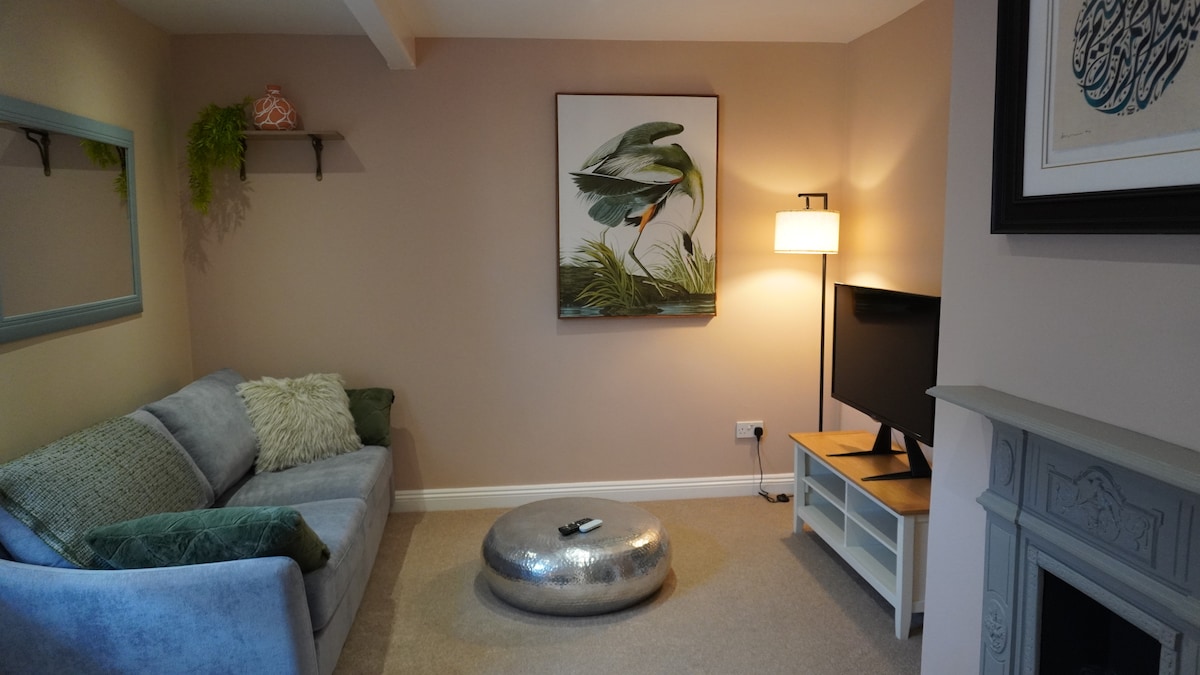 Dhoma e ndenjjes e rehatshme ka një televizor inteligjent, divan krevat dhe hapësirë për tavolinën e punës.