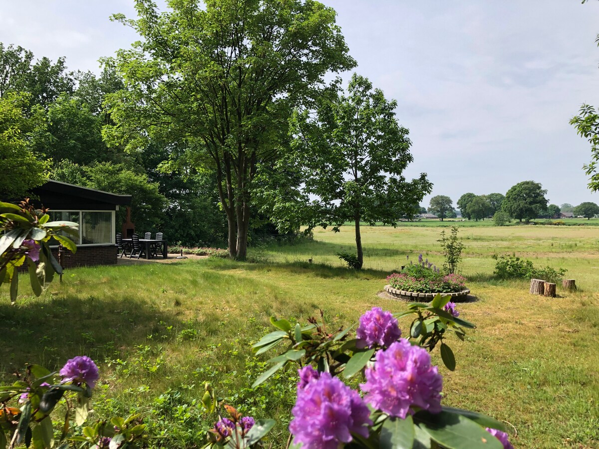 A serene outdoor view showcases a vacation home nestled among lush greenery. Several trees provide shade, while colorful flowers frame the scene. An open field extends in the background, accentuating the natural surroundings and offering a sense of tranquility.
