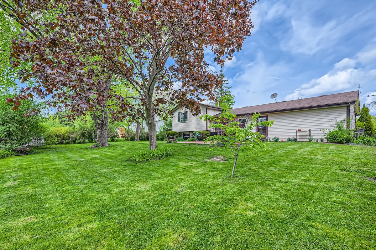 A spacious backyard is displayed, featuring well-maintained green grass and mature trees offering shade. A variety of plants can be found throughout the area, creating a natural ambiance. The house is visible in the background, along with a paved area for seating.