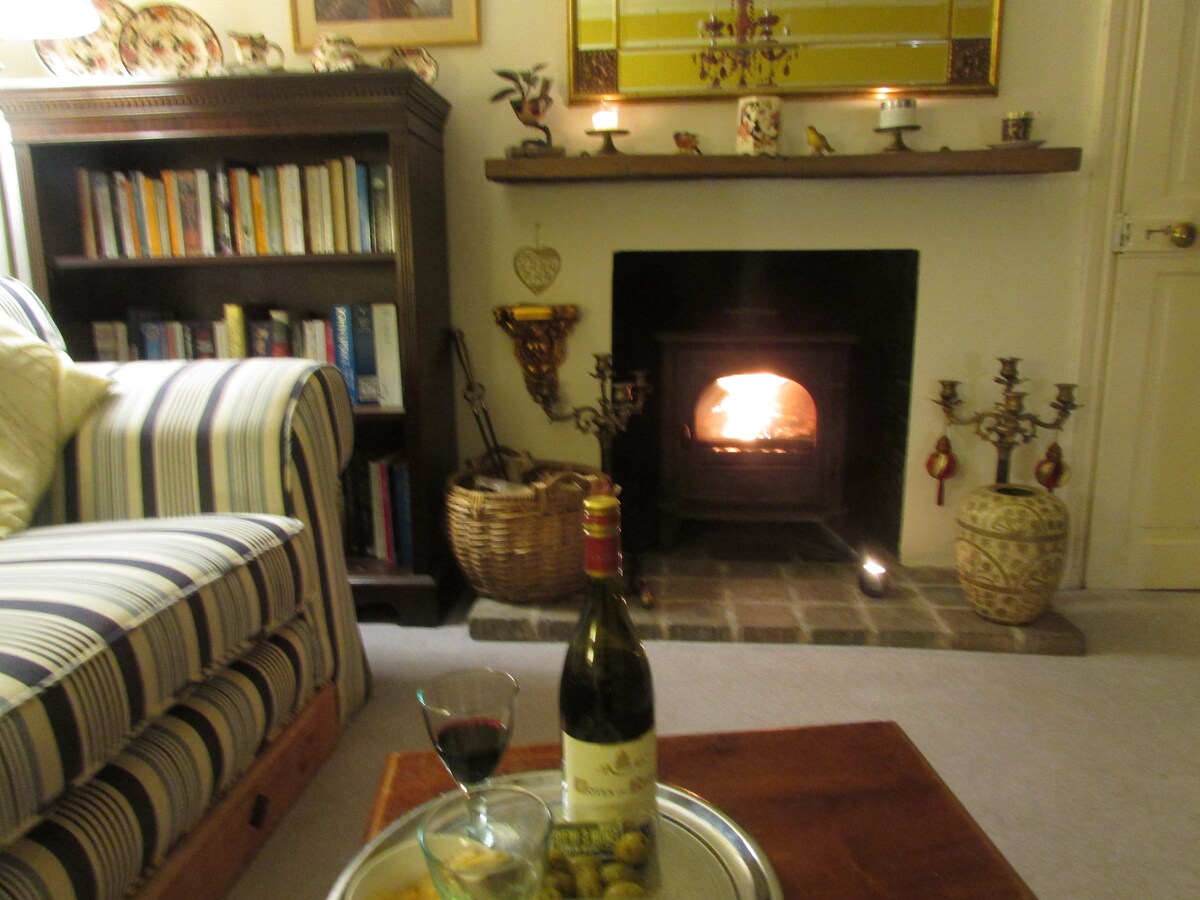 A cozy living room features a striped sofa and a wooden coffee table, with a wine bottle and glasses placed on a silver tray. A roaring fire in the fireplace is accompanied by soft candlelight, while shelves filled with books add warmth to the ambience.