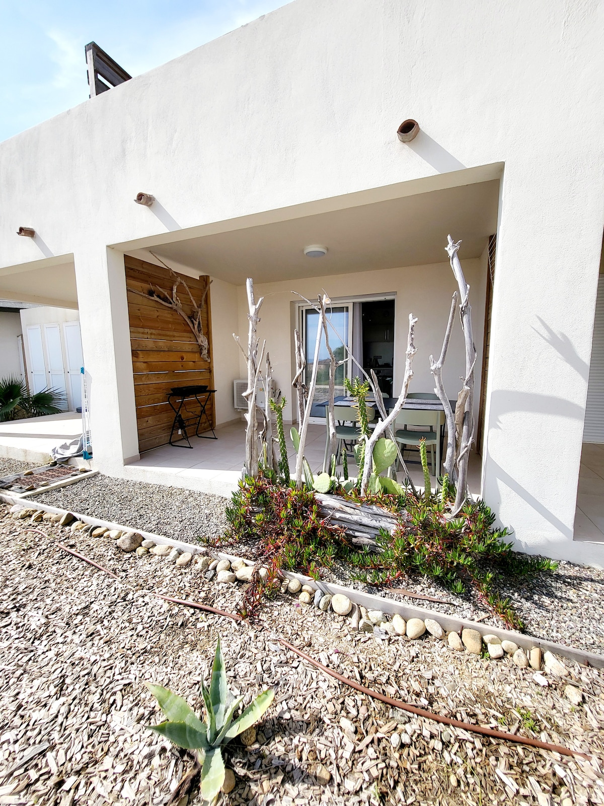 An outdoor area features a small, shaded patio with a minimalist table and chair set. Decorative stones and plants line the perimeter, including unique driftwood accents and succulents. The entrance leads into the interior, providing a welcoming access point.