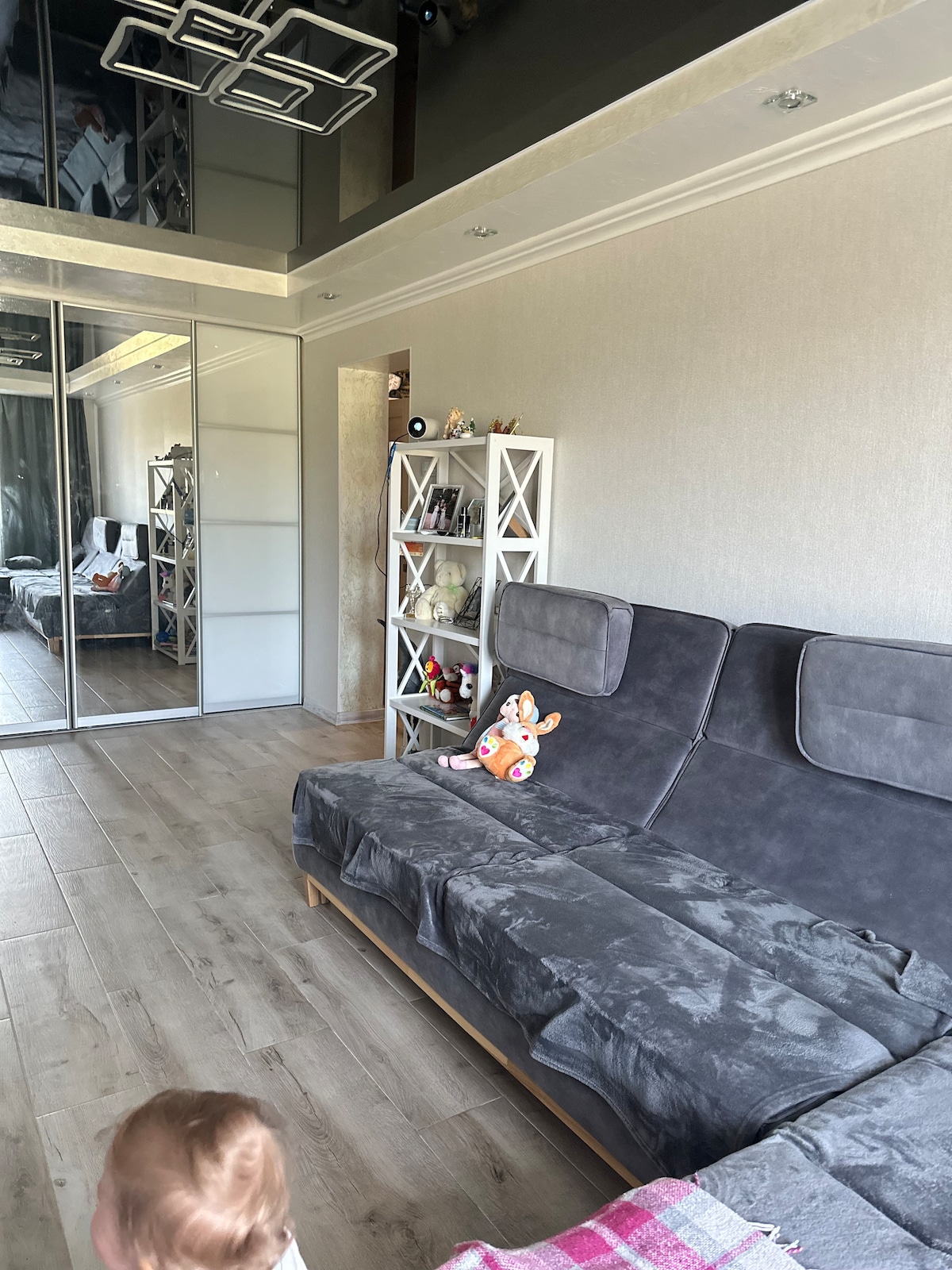 A comfortable gray sofa is positioned against light-colored walls, complemented by a plush blanket. A sleek shelving unit holds decorative items and a plush toy. Mirrored closet doors reflect the room, enhancing the sense of space and light.