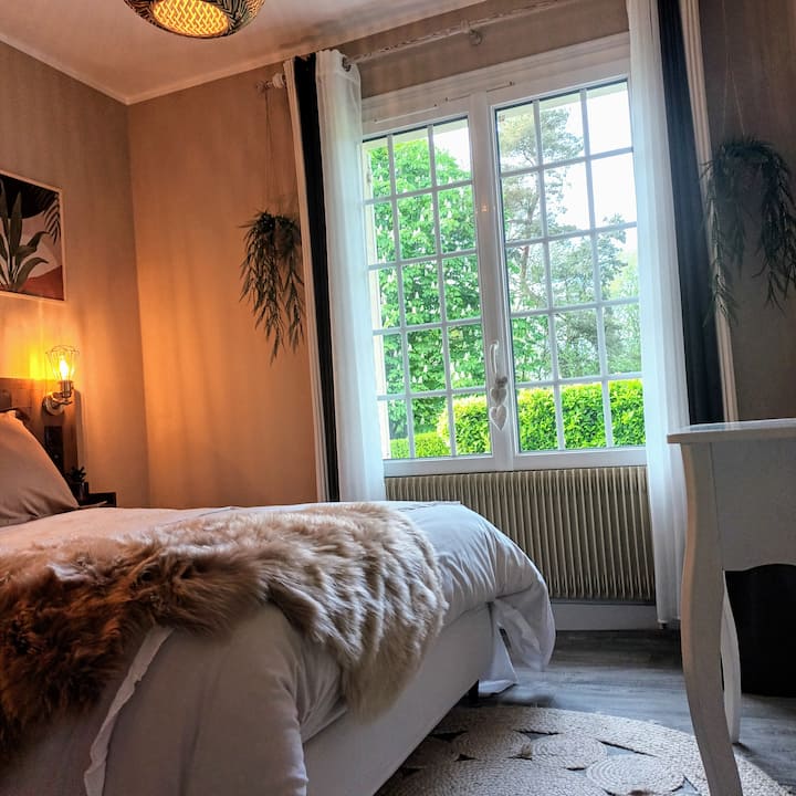 Ლამაზად გაფორმებული ბოჰემური სტილის ოთახი, დიდი კარადა/გარდერობი, უსბ როზეტები, 2 სკონი, პატარა მაგიდა და პუფი.
ბაღის ხედი