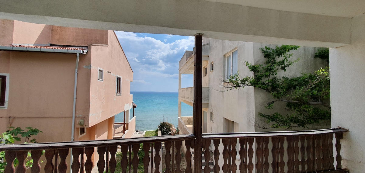 A view from the balcony features calm blue waters, with the shoreline visible just beyond lush greenery. The surroundings include a mix of residential buildings, with large windows allowing natural light to enter. The sky above displays scattered clouds, enhancing the serene atmosphere.