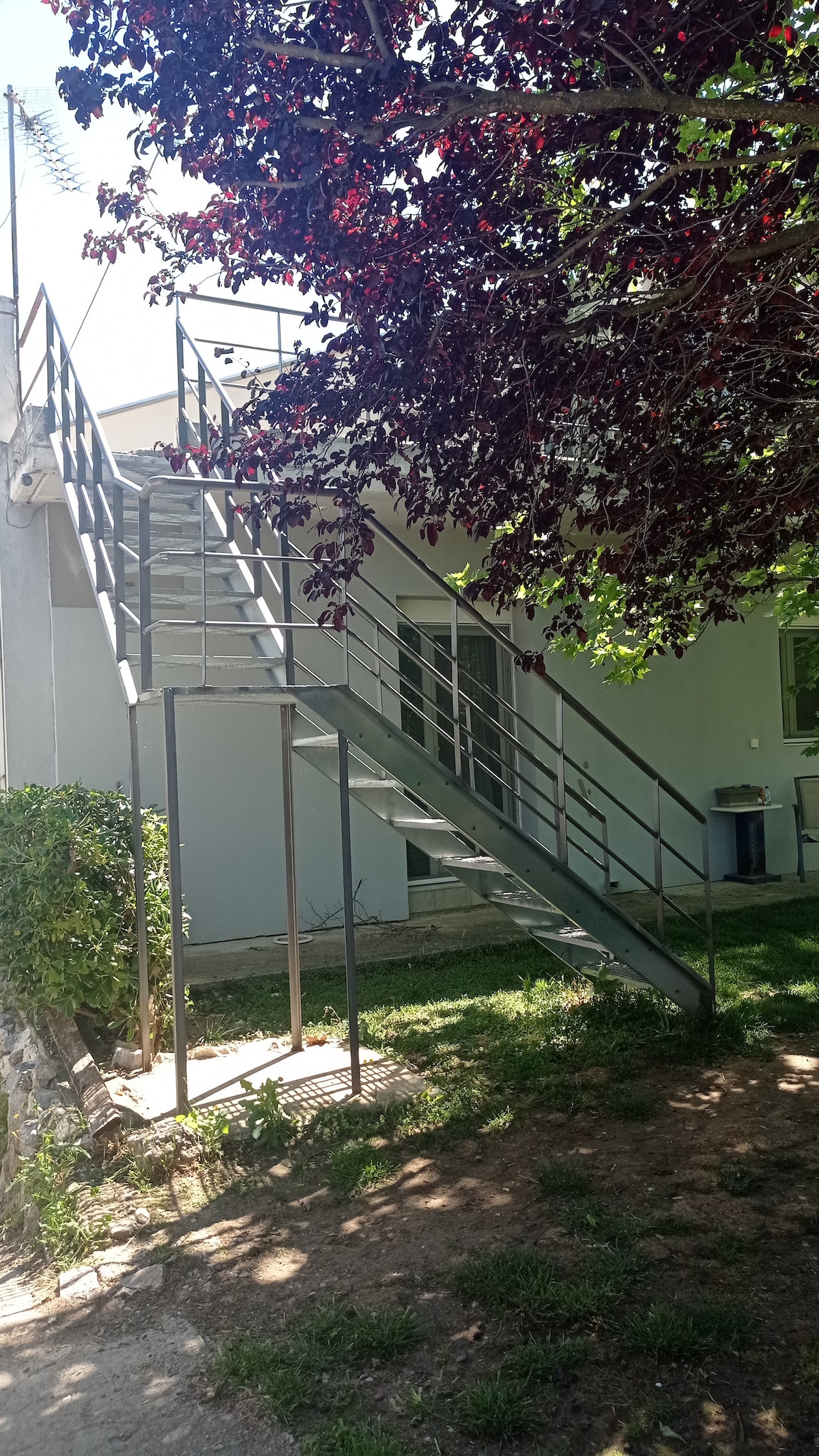 A set of metal stairs leads to the entrance of the upper-level space. The surrounding area features well-maintained grass and a tree with vibrant red leaves, offering shade and a touch of nature.