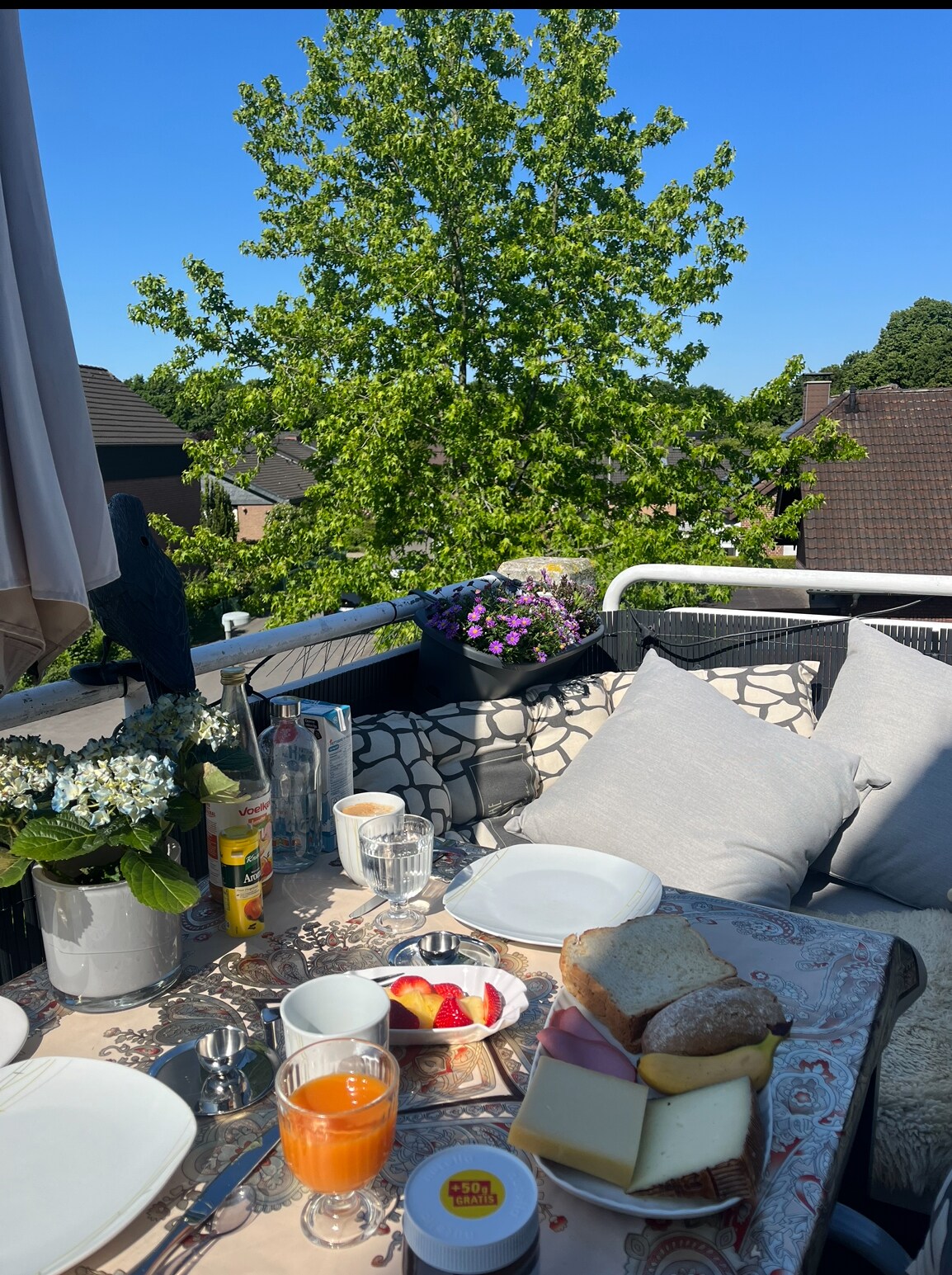 A balcony table is set for breakfast, featuring plates with bread, cheese, and fruit, alongside glasses of juice and water. A potted plant and flowers provide natural accents, while a clear blue sky and green trees add to the serene atmosphere.
