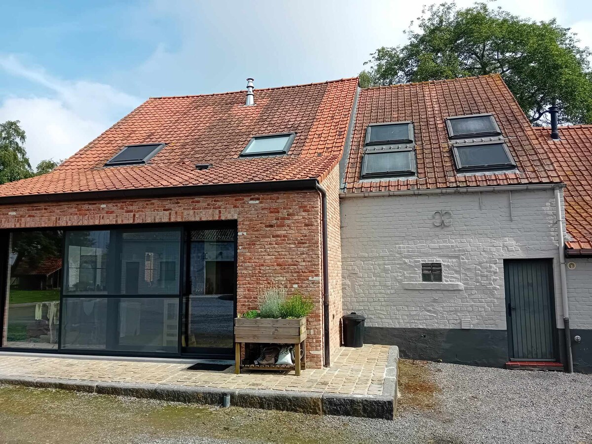 The exterior of the loft showcases a blend of brick and white walls, complemented by a red-tiled roof. Skylights are visible on the upper level, and large glass doors open to the garden area. A pathway of stone pavers leads to the entrance.