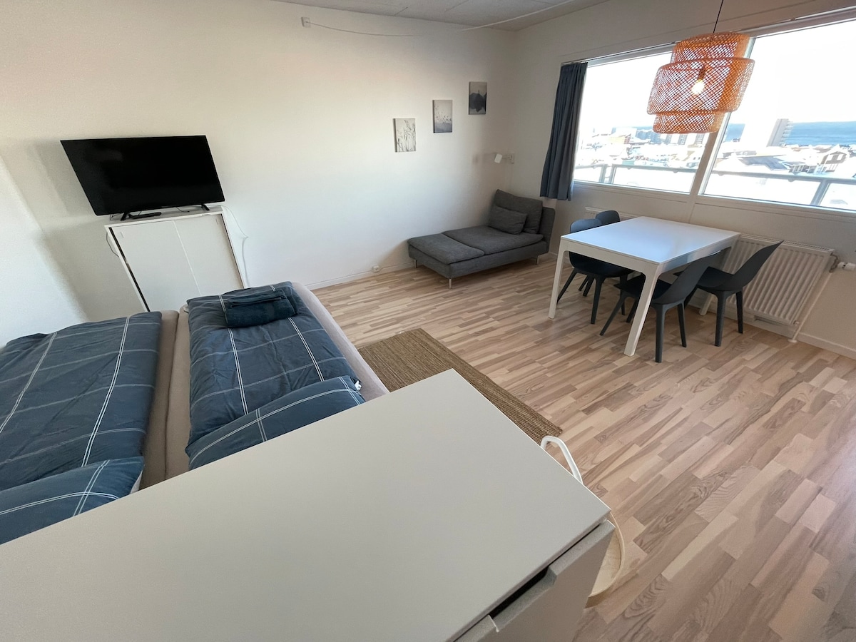 A well-lit apartment space features a combined sleeping and living area. A comfortable gray sofa is positioned near a window, while a dining table with four chairs is nearby. A TV is mounted on a white cabinet, and light wood flooring adds to the room's overall brightness.
