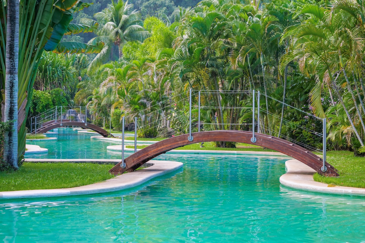 A wooden bridge crosses over a tranquil turquoise pool, surrounded by lush greenery. Tropical plants frame the area, enhancing the serene landscape. The pathways curve gracefully through the scene, inviting exploration and relaxation in the natural setting.