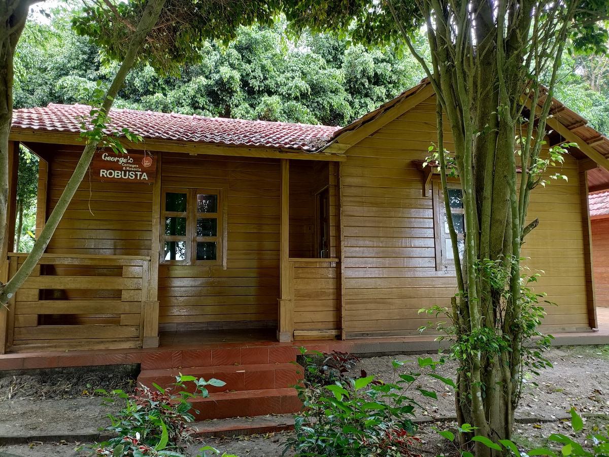 A wooden cottage is surrounded by greenery, featuring a welcoming porch with wooden railings. The structure is adorned with a sloping roof and multiple windows, allowing natural light to enter. The rustic facade is complemented by the nearby trees, enhancing the connection to nature.
