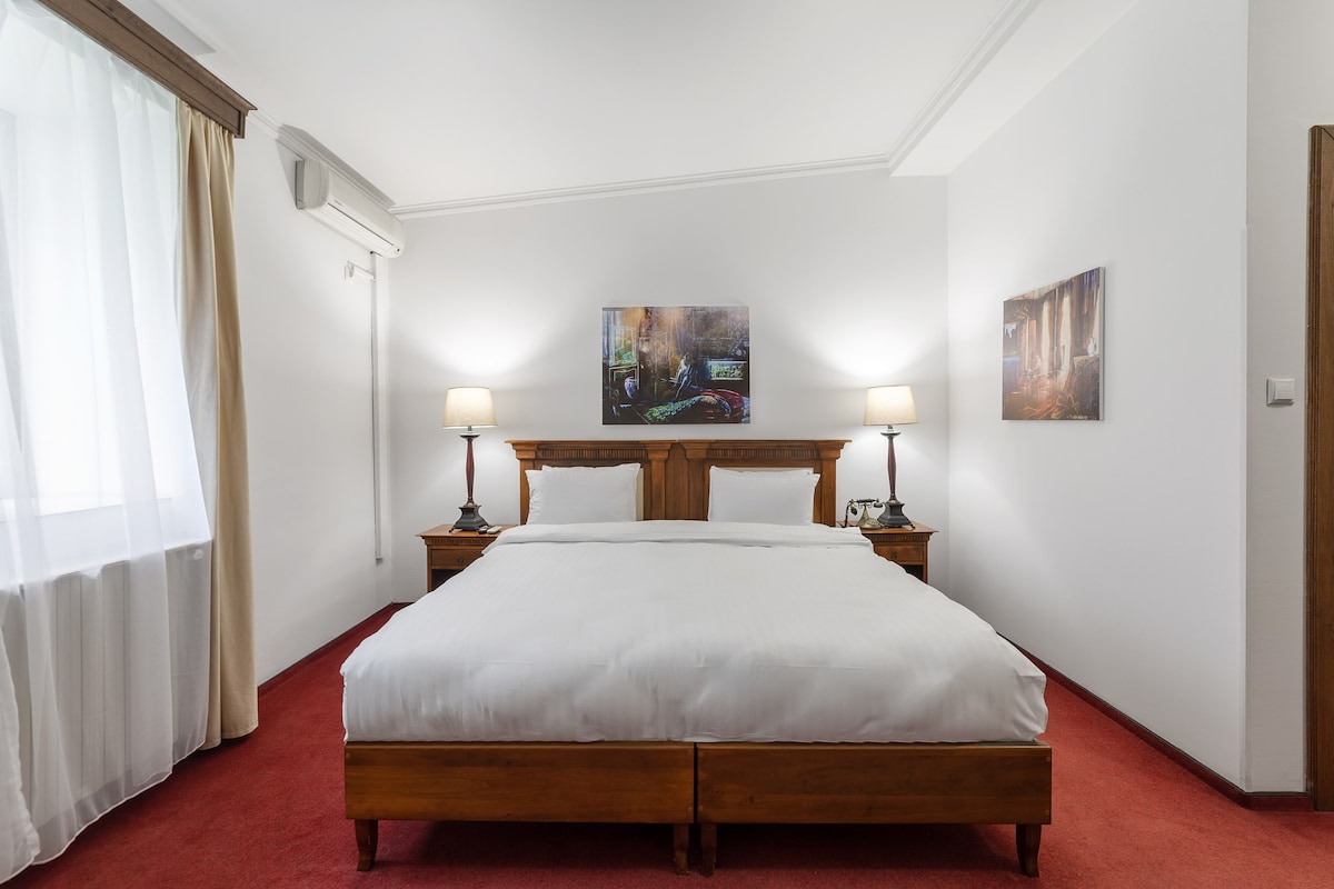 A double room is presented with a spacious bed flanked by bedside tables and lamps. Two paintings adorn the walls, while soft light filters in through the sheer curtains. The carpeted flooring complements the neutral color scheme, and the room features an air conditioning unit.