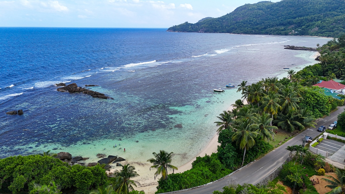 An aerial view captures a serene coastal landscape, where azure waters meet a sandy beach lined with palm trees. Gentle waves lap against the shoreline, with boats anchored offshore. Lush green hills rise in the background, creating a tranquil and scenic setting.